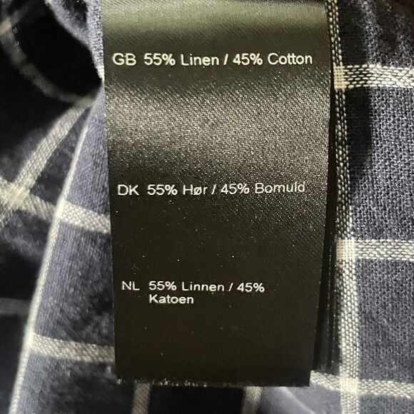 NWT Samsoe Samsoe Liam Button Down Shirt Mens Large Navy Plaid LS Linen Blend - Picture 6 of 10